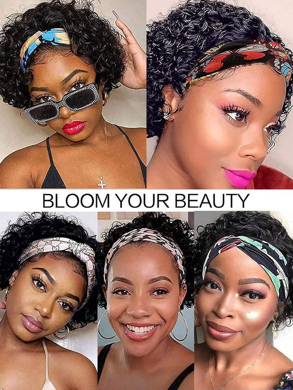 Headband Bob Wigs Curly Wave Glueless Human Hair Wig For Black Women 180% Density