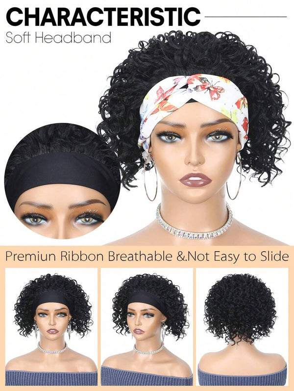 Headband Bob Wigs Curly Wave Glueless Human Hair Wig For Black Women 180% Density