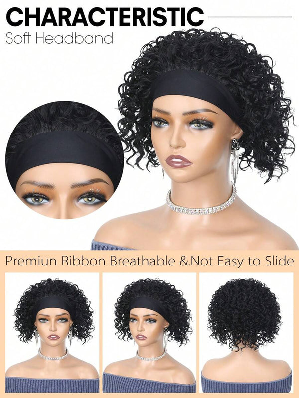 Headband Bob Wigs Curly Wave Glueless Human Hair Wig For Black Women 180% Density