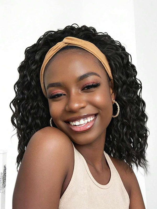 Headband Bob Wigs Curly Wave Glueless Human Hair Wig For Black Women 180% Density