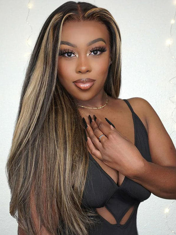 Balayage Hair Highlights Straight Hair Transparent Lace Front Wig Human Hair Colored Wigs