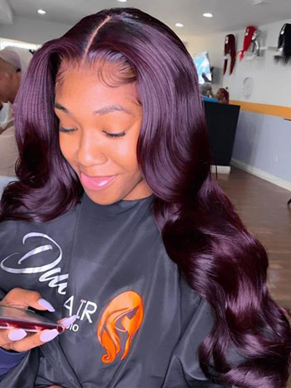 Dark Purple Plum Color Invisible 13x4 Lace Frigs Pre Plucont Wked Body Wave Wigs