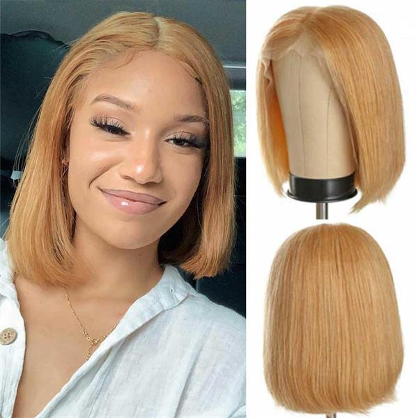 Super Sale Glueless #27 Honey Blonde Short Straight Bob 13x4 Lace Wig
