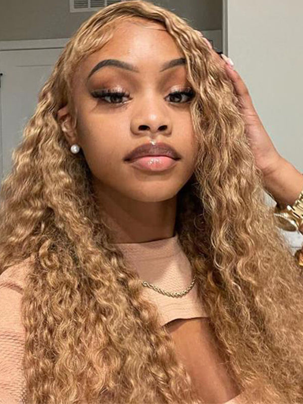 Honey Blonde #27 Colored 13X4 Lace Frontal Human Hair Wigs Water Wave Wigs For Women