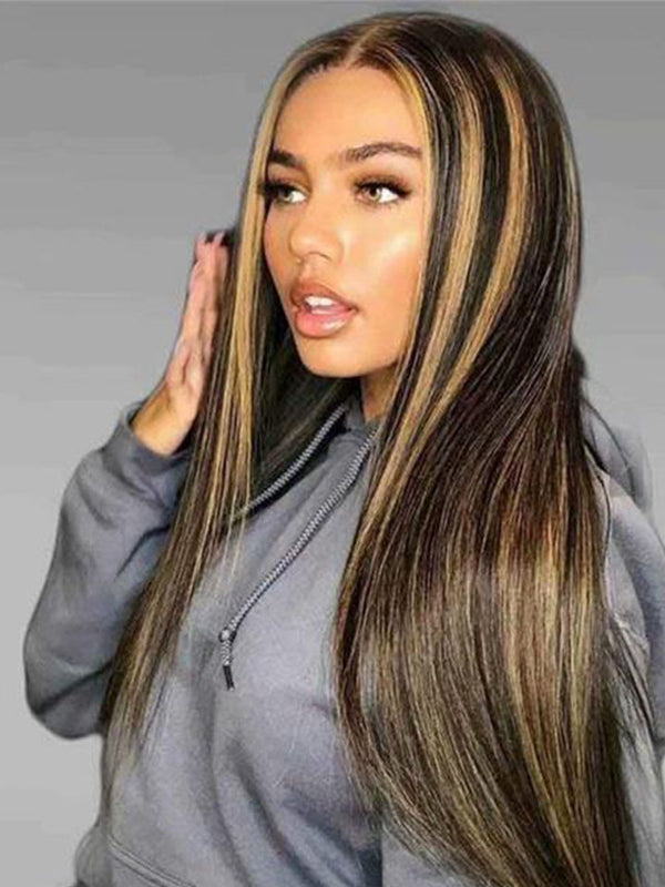 Balayage Hair Highlights Straight Hair Transparent Lace Front Wig Human Hair Colored Wigs