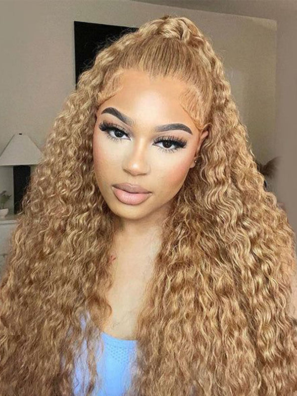 Deep Curly Honey Blonde #27 Colored 13X4 Lace Frontal Human Hair Wigs Pre-plucked With Baby Hair