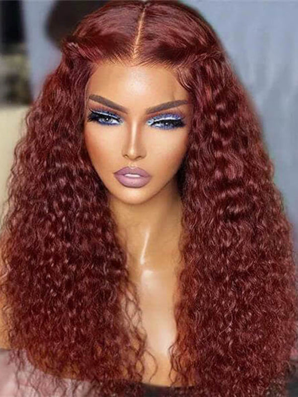 #33 Reddish Brown Water Wave Wig Transparent 13X4 Lace Frontal Colored Wigs