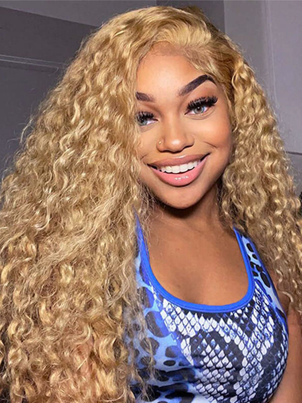 Honey Blonde #27 Colored 13X4 Lace Frontal Human Hair Wigs Water Wave Wigs For Women