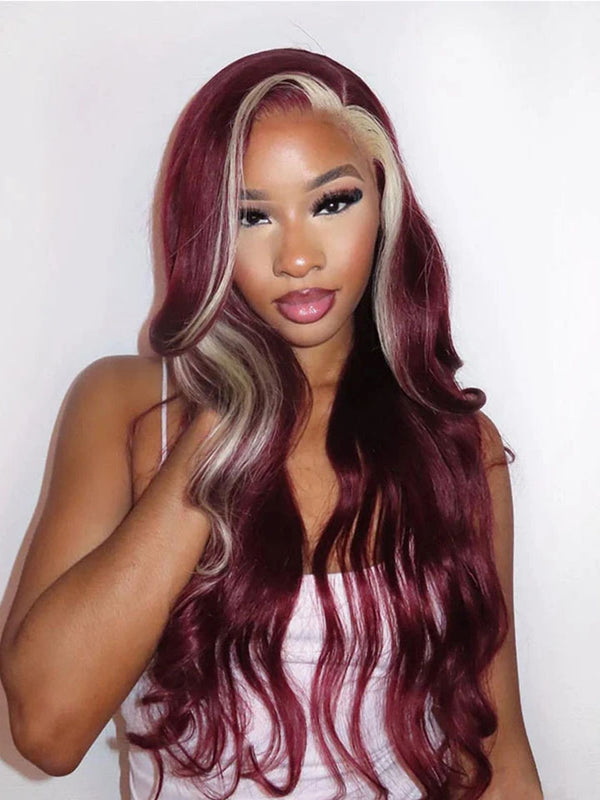 Burgundy With Blonde 613 Highlights 13x4 Lace Front Wig Skunk Stripe Hair Wigs Glueless Wig