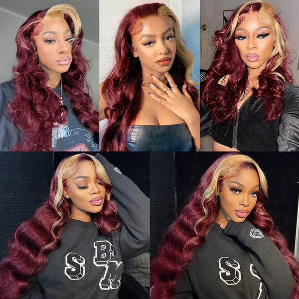 Burgundy With Blonde 613 Highlights 13x4 Lace Front Wig Skunk Stripe Hair Wigs Glueless Wig