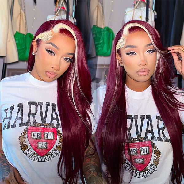 Burgundy With Blonde 613 Highlights 13x4 Lace Front Wig Skunk Stripe Hair Wigs Glueless Wig