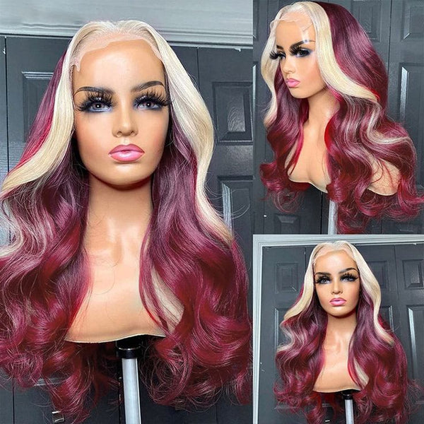 Burgundy With Blonde 613 Highlights 13x4 Lace Front Wig Skunk Stripe Hair Wigs Glueless Wig