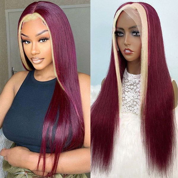 Burgundy With Blonde 613 Highlights 13x4 Lace Front Wig Skunk Stripe Hair Wigs Glueless Wig