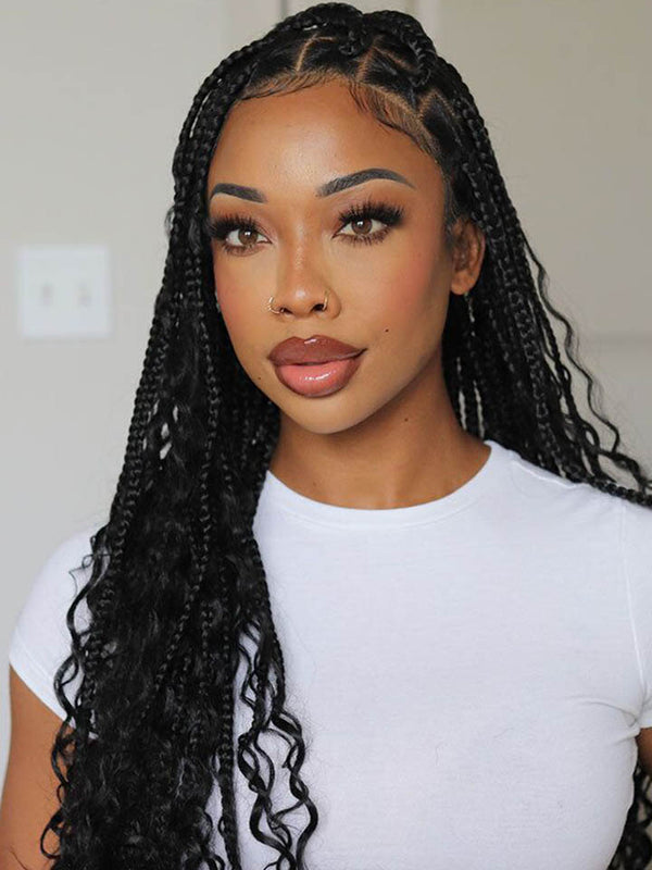 Boho Medium Knotless Box Braids With Curls Over Hip-Length 36" Full Hand Tied HD Lace Braided Wig