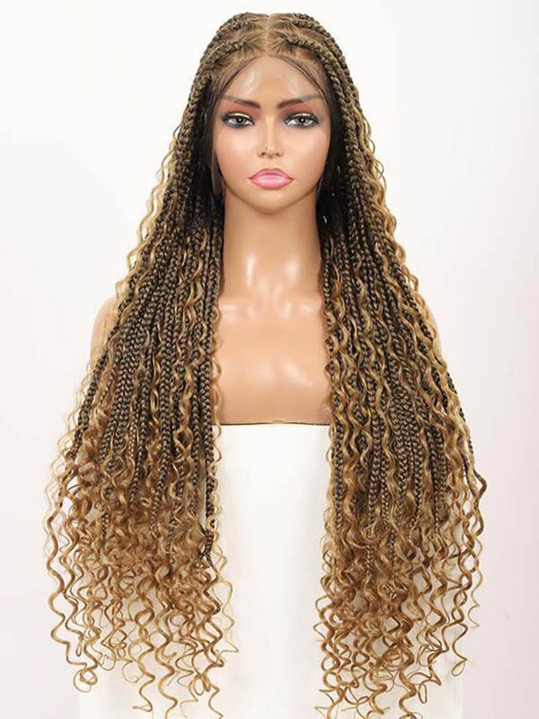Boho Medium Knotless Box Braids With Curls Over Hip-Length 36" Full Hand Tied HD Lace Braided Wig