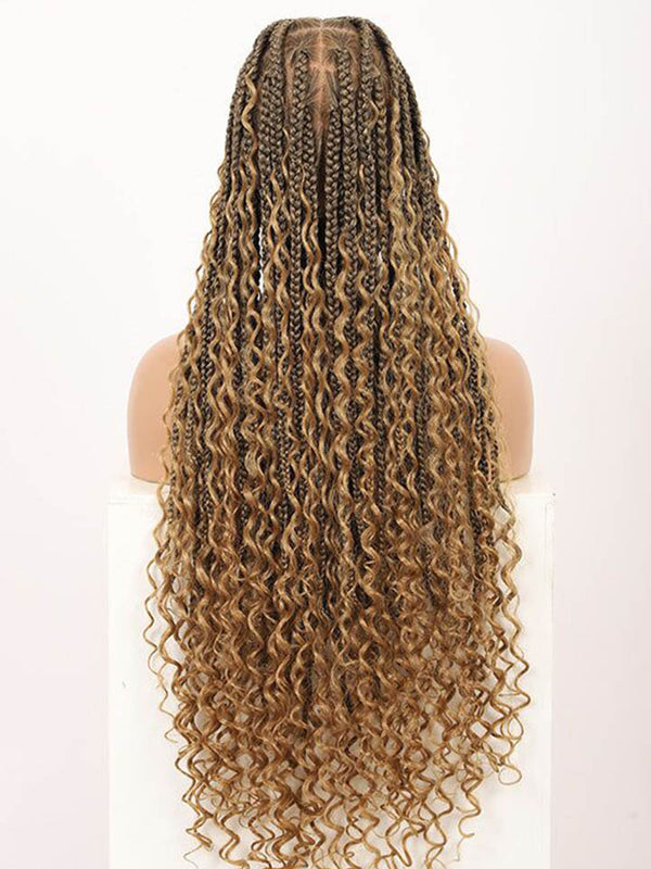 Boho Medium Knotless Box Braids With Curls Over Hip-Length 36" Full Hand Tied HD Lace Braided Wig