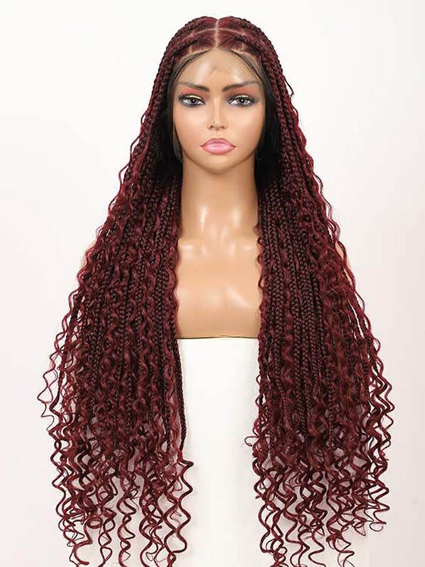 Boho Medium Knotless Box Braids With Curls Over Hip-Length 36" Full Hand Tied HD Lace Braided Wig