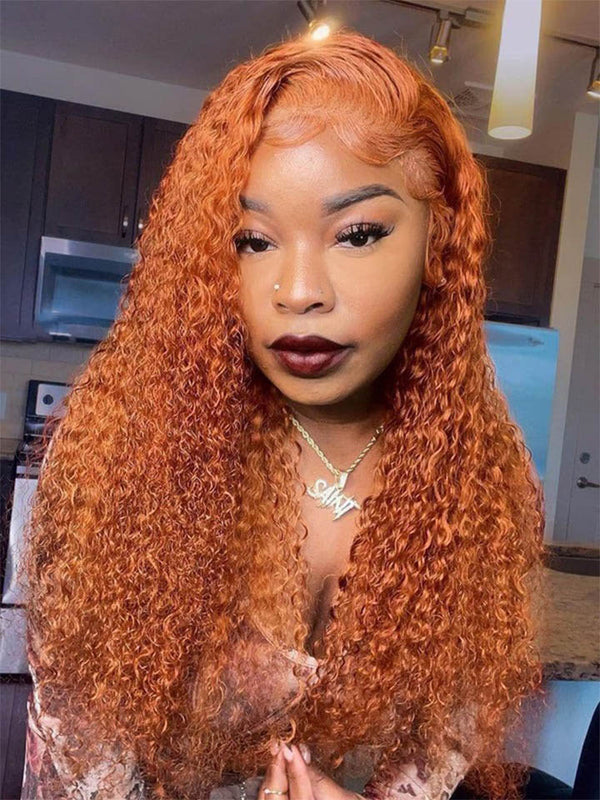 #350 Ginger Color Curly 13x4 Lace Wig Glueless Pre Plucked Human Hair Wig