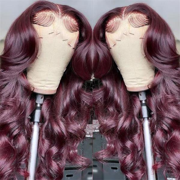 Dark Purple Plum Color Invisible 13x4 Lace Frigs Pre Plucont Wked Body Wave Wigs