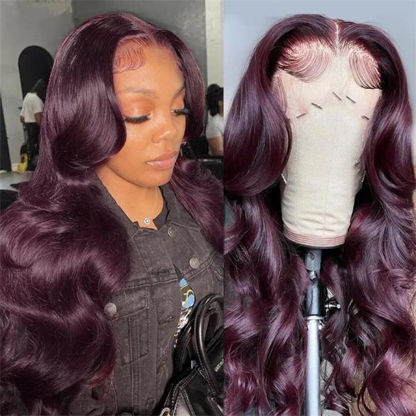 Dark Purple Plum Color Invisible 13x4 Lace Frigs Pre Plucont Wked Body Wave Wigs