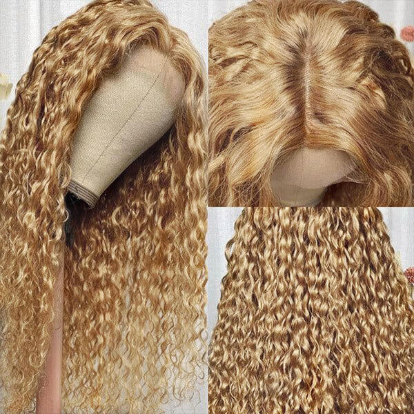 Honey Blonde #27 Colored 13X4 Lace Frontal Human Hair Wigs Water Wave Wigs For Women