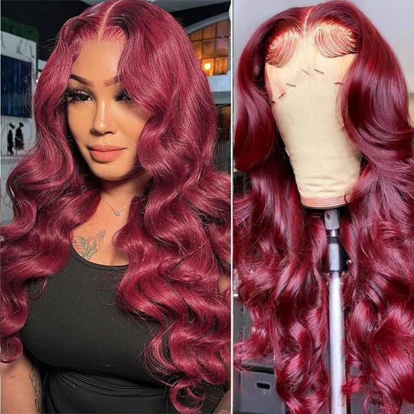 99J Burgundy Color Body Wave Hair 13x4 Lace Front Wigs Pre Plucked Hairline
