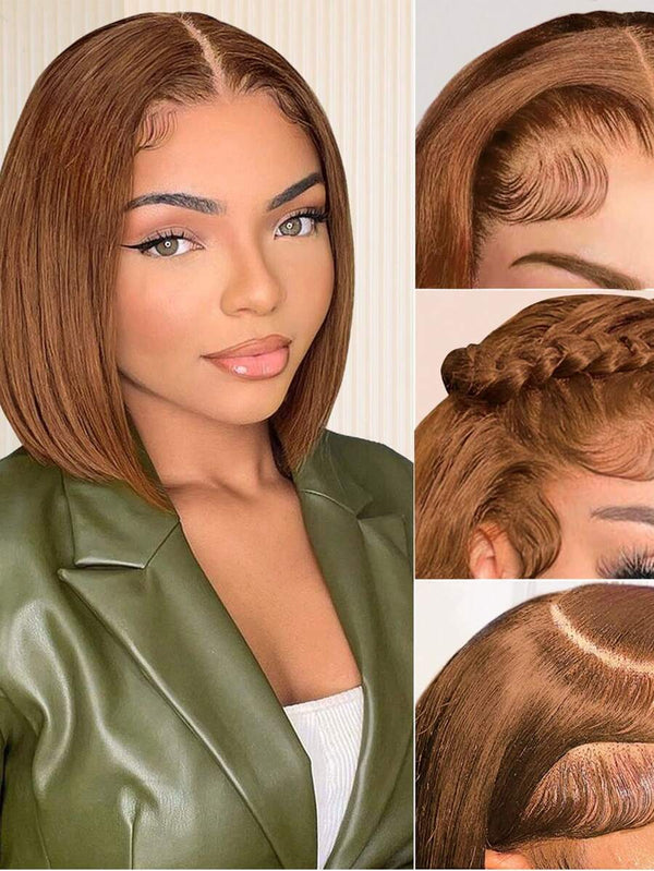 Bob Wigs Straight 13x4 Lace Closure Human Hair Wigs Pre Plucked Highlight Brown Human Bob Wigs 150% Density