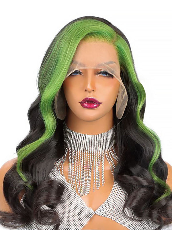 Green Skunk Stripe Hair Wig Piece Highlight Body Wave 13x4 Lace Front Human Hair Wig