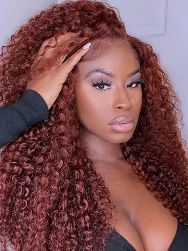 #33 Reddish Brown Deep Curly Wig Transparent 13X4 Lace Frontal Colored Wig