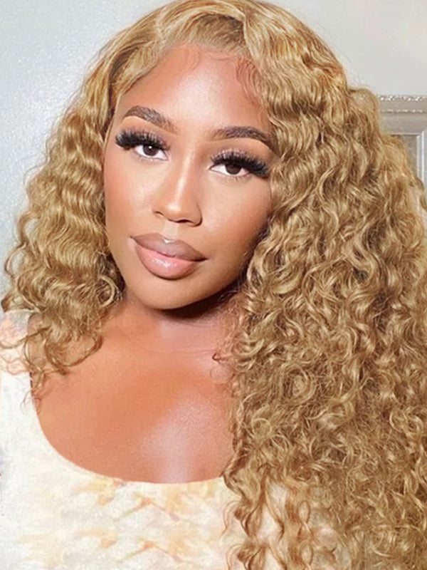 Deep Curly Honey Blonde #27 Colored 13X4 Lace Frontal Human Hair Wigs Pre-plucked With Baby Hair