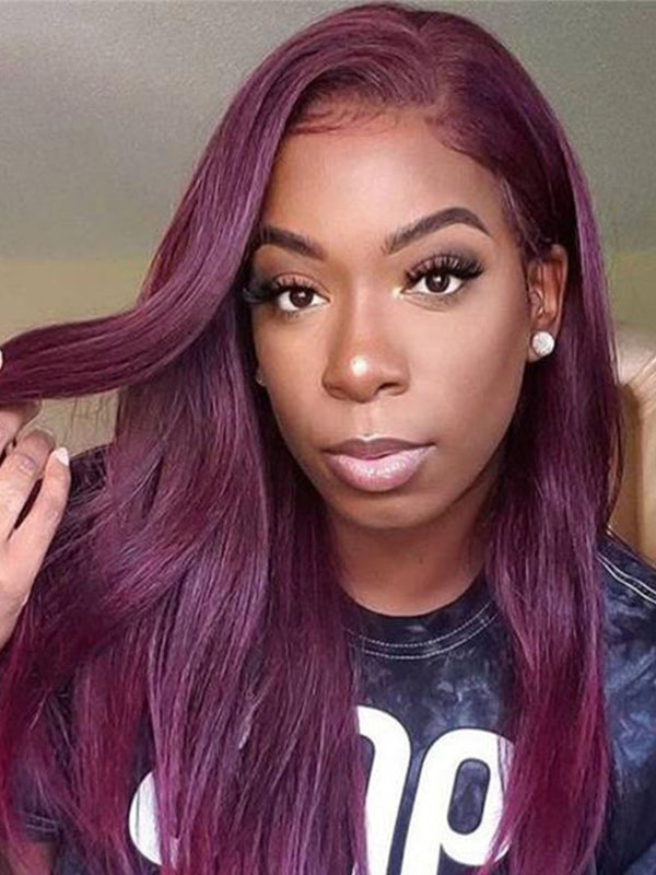 Dark Purple Plum Color Straight 13x4 Transparent Lace Front Wigs Human Hair Wigs Pre-plucked