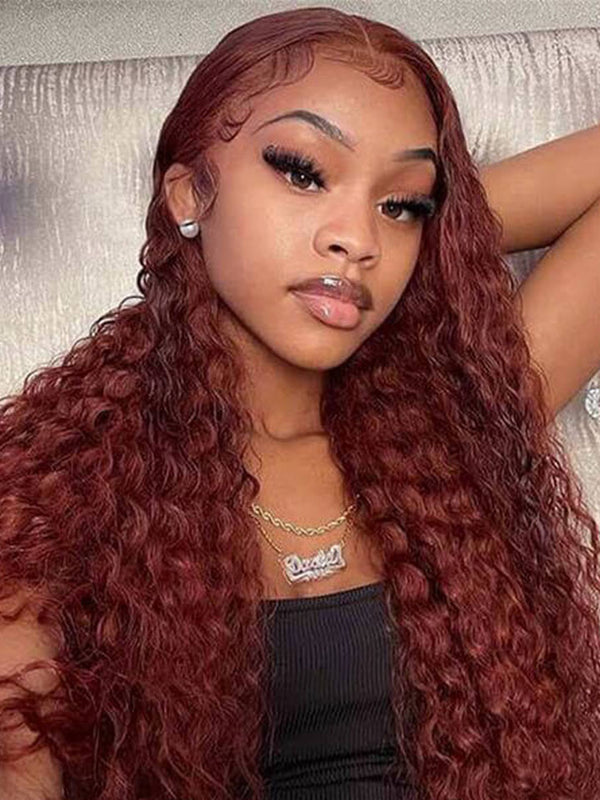#33 Reddish Brown Water Wave Wig Transparent 13X4 Lace Frontal Colored Wigs