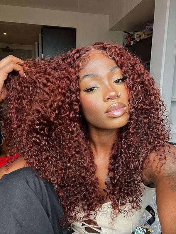 #33 Reddish Brown Deep Curly Wig Transparent 13X4 Lace Frontal Colored Wig