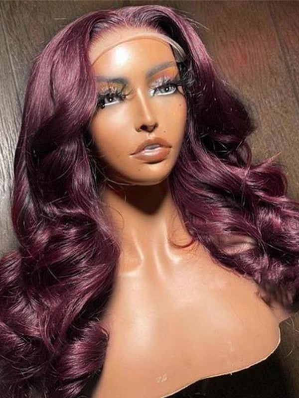 Dark Purple Plum Color Invisible 13x4 Lace Frigs Pre Plucont Wked Body Wave Wigs