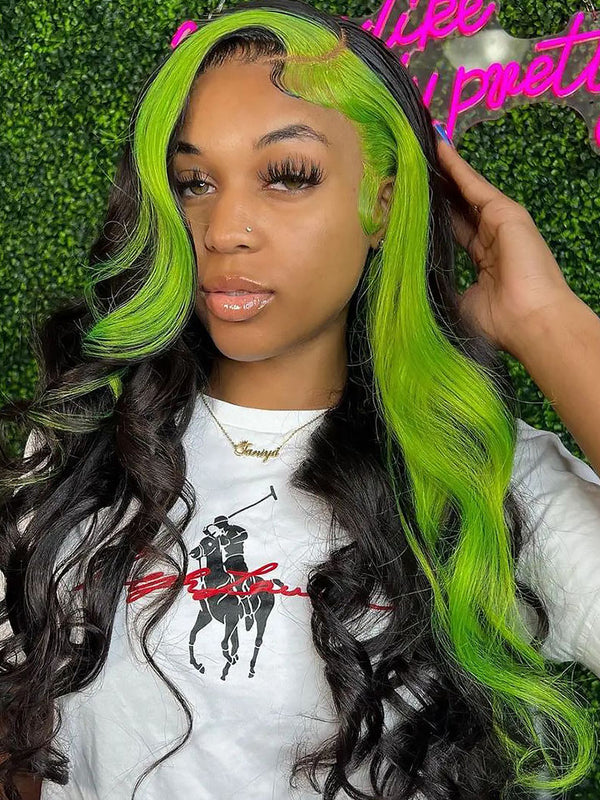 Green Skunk Stripe Hair Wig Piece Highlight Body Wave 13x4 Lace Front Human Hair Wig