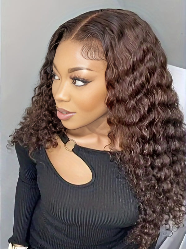 Chocolate Brown Lace Front Wig Deep Curly Lace Front Wigs Human Hair 180% Density