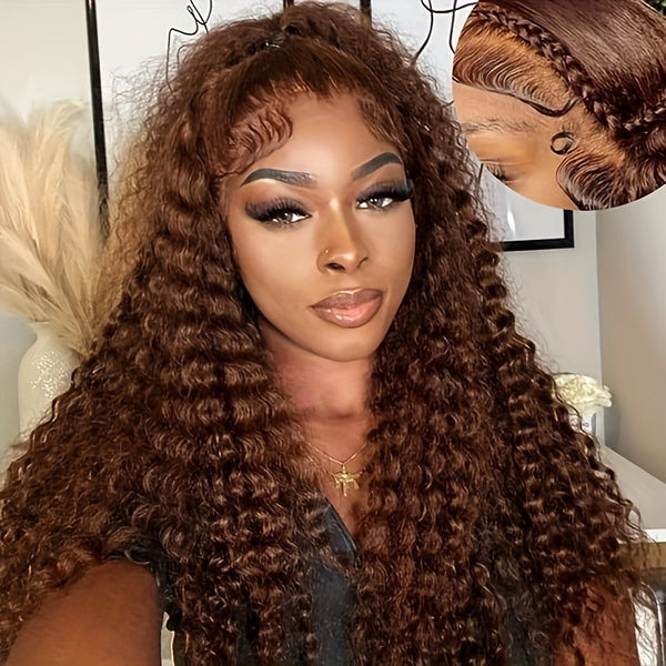 Chocolate Brown Lace Front Wig Deep Curly Lace Front Wigs Human Hair 180% Density