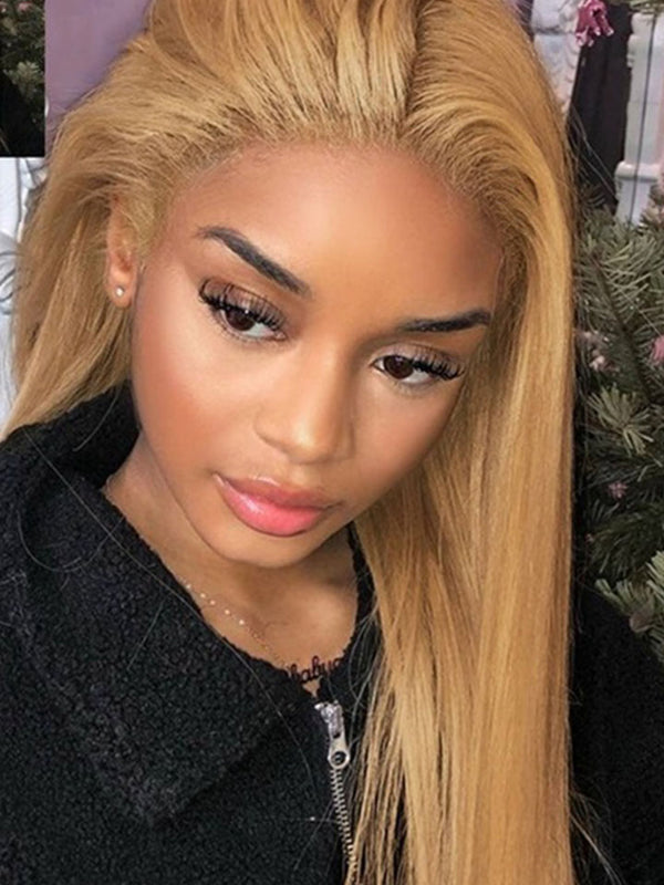 27# Honey Blonde Colored Straight Lace Front Human Hair Wigs Brazilian Remy Hair
