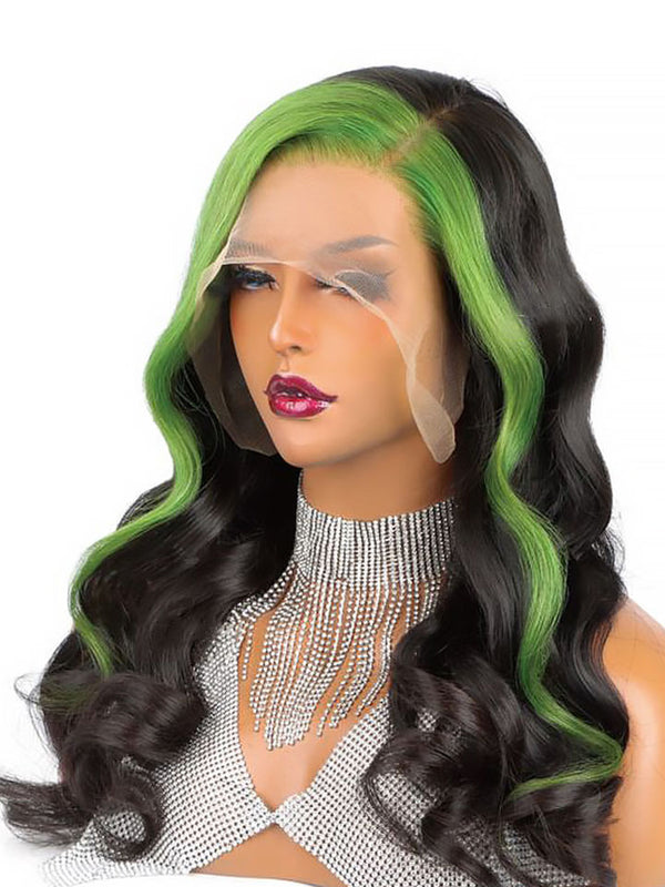 Green Skunk Stripe Hair Wig Piece Highlight Body Wave 13x4 Lace Front Human Hair Wig