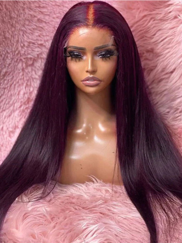 Dark Purple Plum Color Straight 13x4 Transparent Lace Front Wigs Human Hair Wigs Pre-plucked