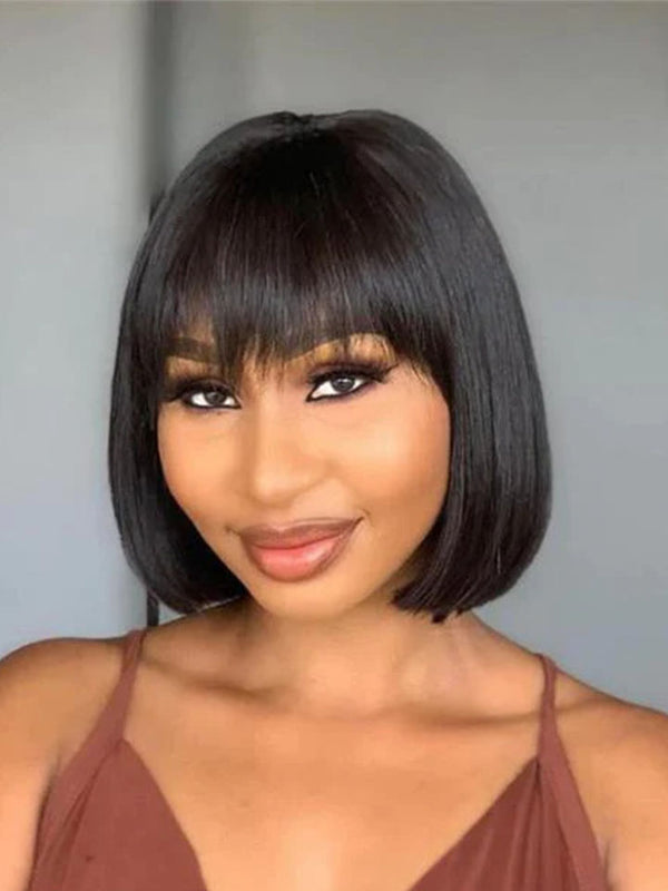 Realistic Layered Cut Shoulder Straight Bob Wig with Bangs Glueless Wig