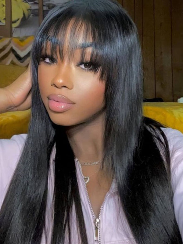 Trendy Layered Cut Straight Wig With Bangs Glueless Minimalist Lace Wig Pre-plucked