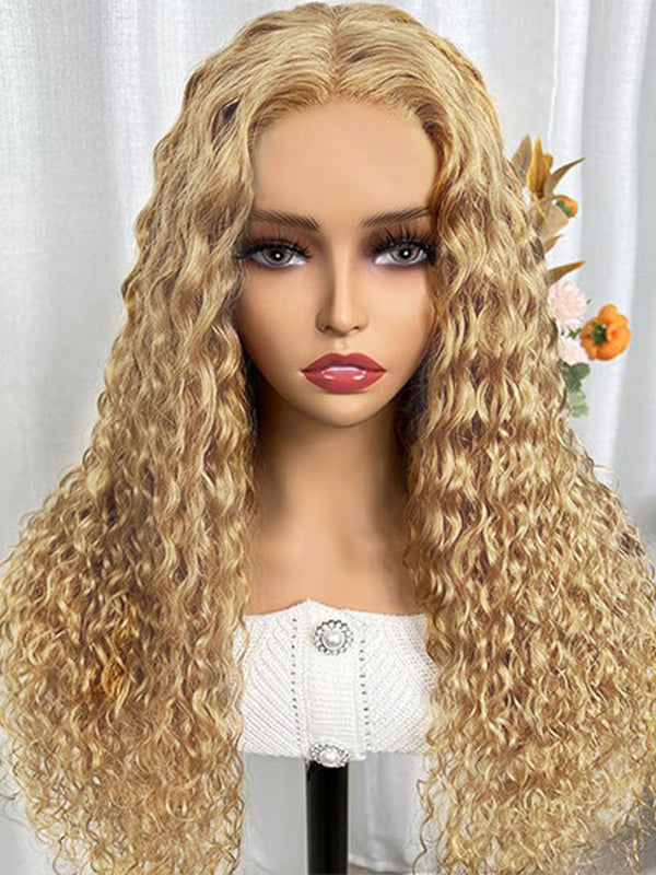 Honey Blonde #27 Colored 13X4 Lace Frontal Human Hair Wigs Water Wave Wigs For Women