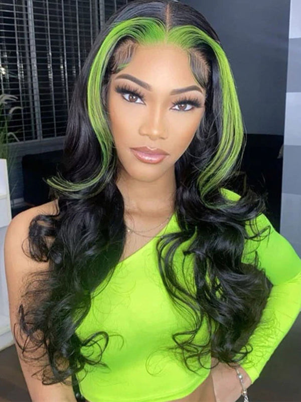 Green Skunk Stripe Hair Wig Piece Highlight Body Wave 13x4 Lace Front Human Hair Wig