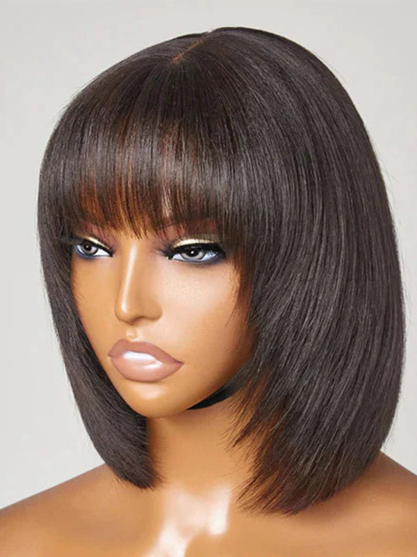 Realistic Layered Cut Shoulder Straight Bob Wig with Bangs Glueless Wig