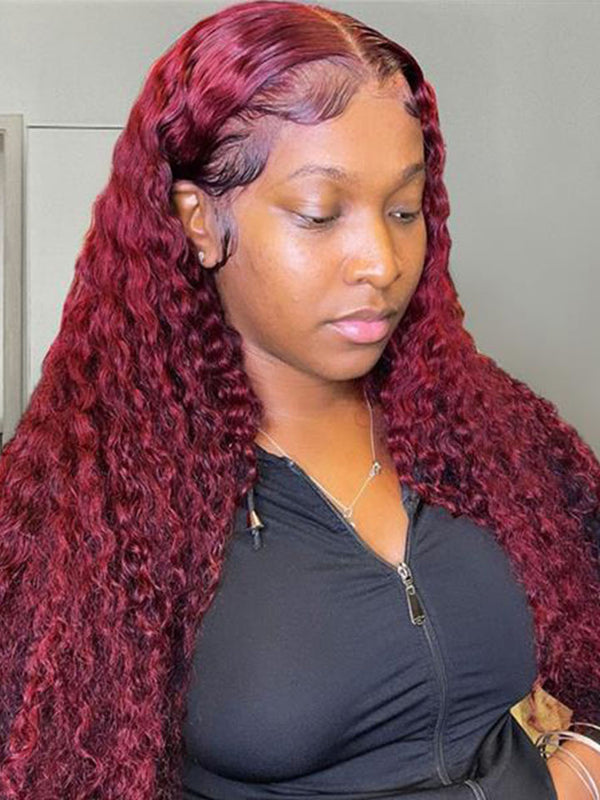 99j Burgundy 13x4 Lace Frontal Wig 13x4 Transparent Lace Wig Red Colored Remy Curly Human Hair Wigs