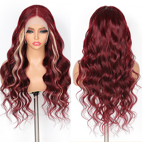 Burgundy With Blonde 613 Highlights 13x4 Lace Front Wig Skunk Stripe Hair Wigs Glueless Wig