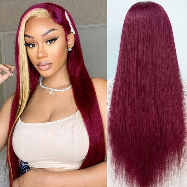 Burgundy With Blonde 613 Highlights 13x4 Lace Front Wig Skunk Stripe Hair Wigs Glueless Wig