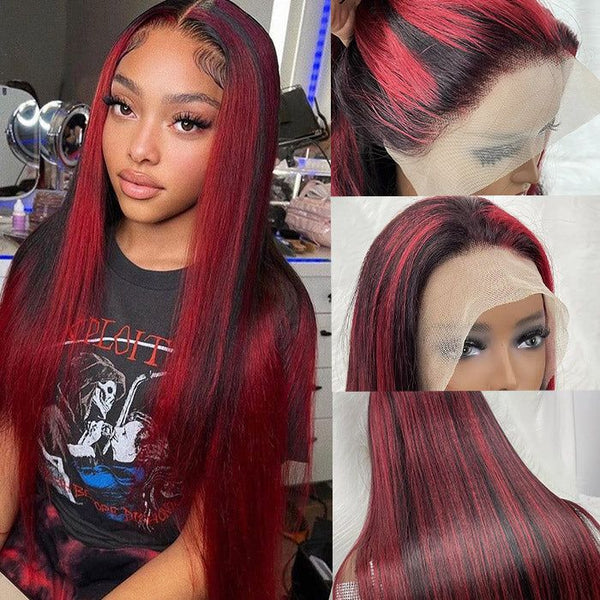Dark Burgundy With Rose Red Highlights Glueless 13x4 Lace Color Wigs