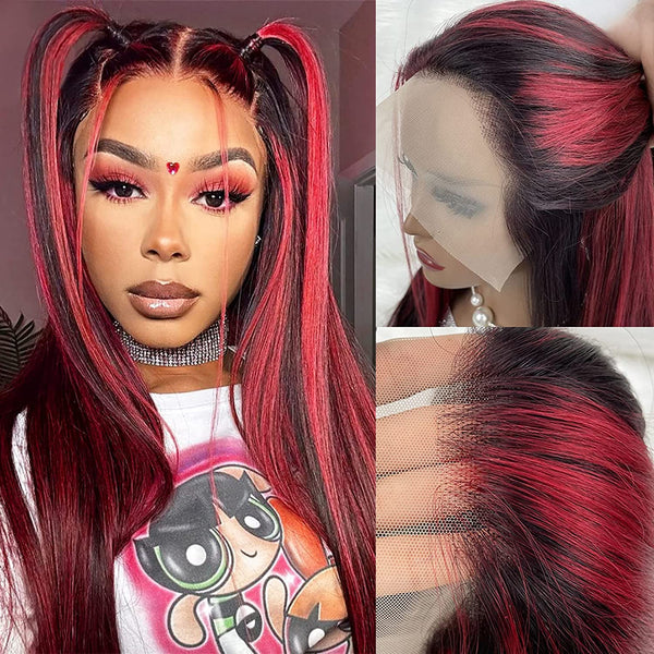 Dark Burgundy With Rose Red Highlights Glueless 13x4 Lace Color Wigs